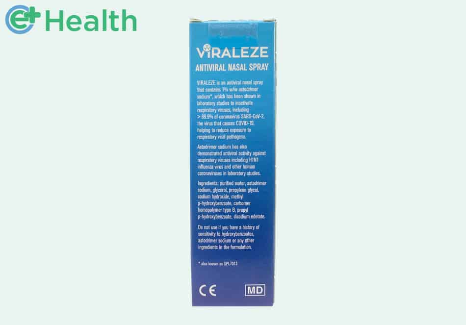Hình ảnh mặt bên của hộp sản phẩm xịt mũi Viraleze Nasal Spray